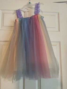 Lola + The Boys Pastel Rainbow Tulle Dress with Lavender Ruffled Straps
